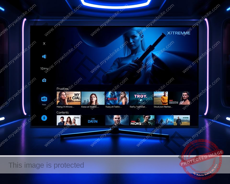 A clean, modern user interface for Xtreme HD UK IPTV, featuring a sleek dark theme with bold blue accents. In the foreground, a widescreen TV display showcases the intuitive menu navigation, with sharp icons and typography. The middle ground features a row of content categories, with high-definition video thumbnails and crisp imagery. The background hints at a futuristic, high-tech ambiance, with subtle lighting and a sense of depth, creating an immersive and visually striking experience. The overall impression is one of a powerful, cutting-edge IPTV platform that prioritizes user-friendliness and visual appeal. A clean, modern user interface for Xtreme HD UK IPTV, featuring a sleek dark theme with bold blue accents. In the foreground, a widescreen TV display showcases the intuitive menu navigation, with sharp icons and typography. The middle ground features a row of content categories, with high-definition video thumbnails and crisp imagery. The background hints at a futuristic, high-tech ambiance, with subtle lighting and a sense of depth, creating an immersive and visually striking experience. The overall impression is one of a powerful, cutting-edge IPTV platform that prioritizes user-friendliness and visual appeal.