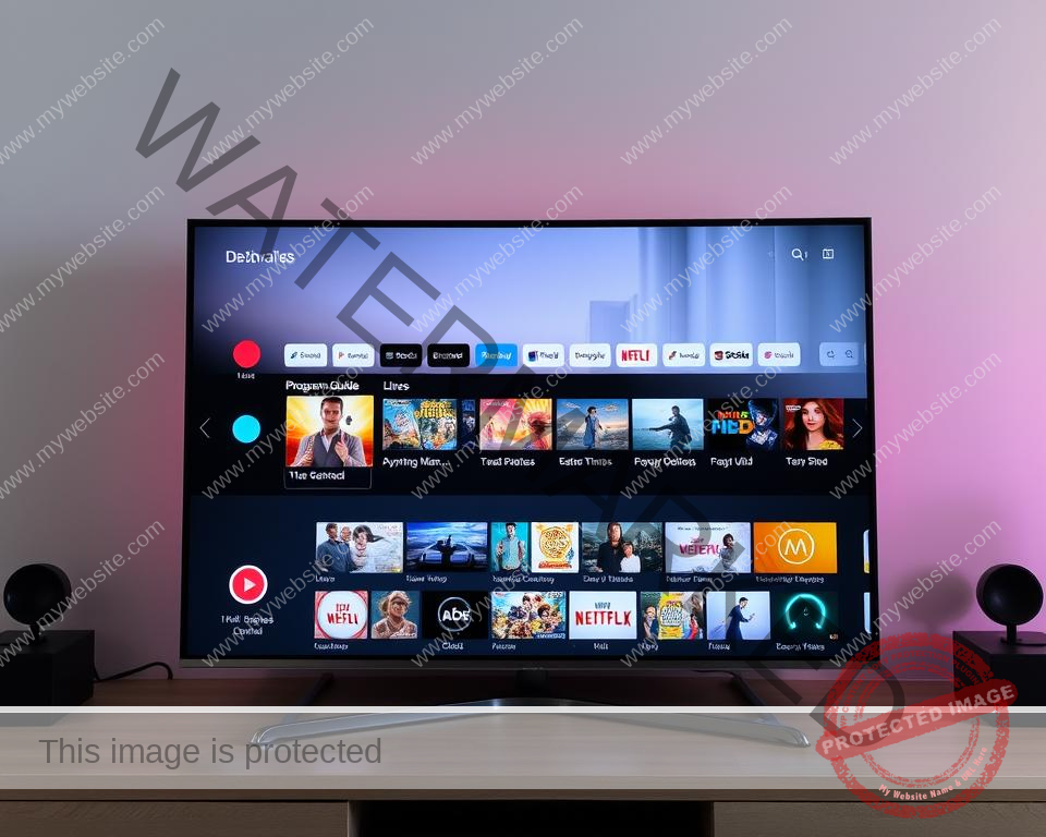 A high-definition IPTV interface with a sleek, modern design. The foreground features a clean, intuitive dashboard with crisp icons and vibrant colors, showcasing the user's personalized content selection. In the middle ground, a detailed program guide displays a wide range of live and on-demand channels, with seamless navigation and smooth transitions. The background encompasses a subtle, elegant gradient that creates a sense of depth and sophistication, complementing the overall interface. The lighting is natural and evenly distributed, highlighting the interface's clarity and responsiveness. The camera angle is slightly elevated, providing a comprehensive view of the user-friendly layout and the engaging multimedia experience.