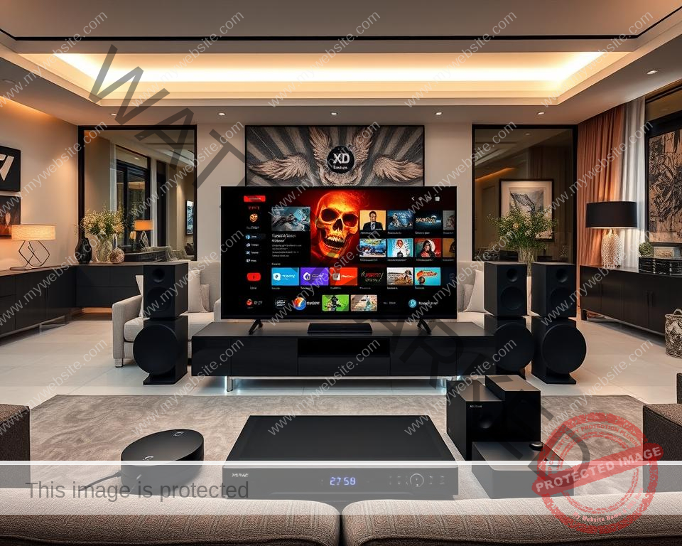 A high-quality, ultra-detailed, 8K, wide-angle photograph of an elegant and modern home entertainment setup showcasing the comprehensive features of Xtreme HD UK IPTV. In the foreground, a sleek black TV displays a vibrant, high-definition streaming interface. Surrounding it, various peripheral devices like a state-of-the-art media player, a sophisticated voice control assistant, and a surround sound system with premium speakers. In the middle ground, a minimalist entertainment console holds the components, complemented by ambient lighting and modern decor. The background features a spacious, stylishly decorated living room with large windows providing natural illumination. Overall, the scene conveys a luxurious, technologically advanced, and immersive home entertainment experience. A high-quality, ultra-detailed, 8K, wide-angle photograph of an elegant and modern home entertainment setup showcasing the comprehensive features of Xtreme HD UK IPTV. In the foreground, a sleek black TV displays a vibrant, high-definition streaming interface. Surrounding it, various peripheral devices like a state-of-the-art media player, a sophisticated voice control assistant, and a surround sound system with premium speakers. In the middle ground, a minimalist entertainment console holds the components, complemented by ambient lighting and modern decor. The background features a spacious, stylishly decorated living room with large windows providing natural illumination. Overall, the scene conveys a luxurious, technologically advanced, and immersive home entertainment experience.