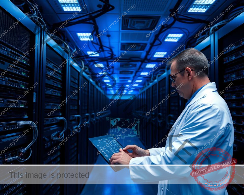 A massive cloud-based data center, housing rows of sleek black servers and networking equipment. The space is bathed in a cool blue glow, illuminated by subtle recessed lighting that casts dramatic shadows. Cables and fiber optic lines snake between the racks, creating a complex web of interconnectivity. In the foreground, a technician in a crisp white lab coat monitors a series of holographic displays, adjusting parameters with precision. The atmosphere is one of cutting-edge technology and reliable infrastructure, designed to deliver a premium IPTV UK service experience. A massive cloud-based data center, housing rows of sleek black servers and networking equipment. The space is bathed in a cool blue glow, illuminated by subtle recessed lighting that casts dramatic shadows. Cables and fiber optic lines snake between the racks, creating a complex web of interconnectivity. In the foreground, a technician in a crisp white lab coat monitors a series of holographic displays, adjusting parameters with precision. The atmosphere is one of cutting-edge technology and reliable infrastructure, designed to deliver a premium IPTV UK service experience.