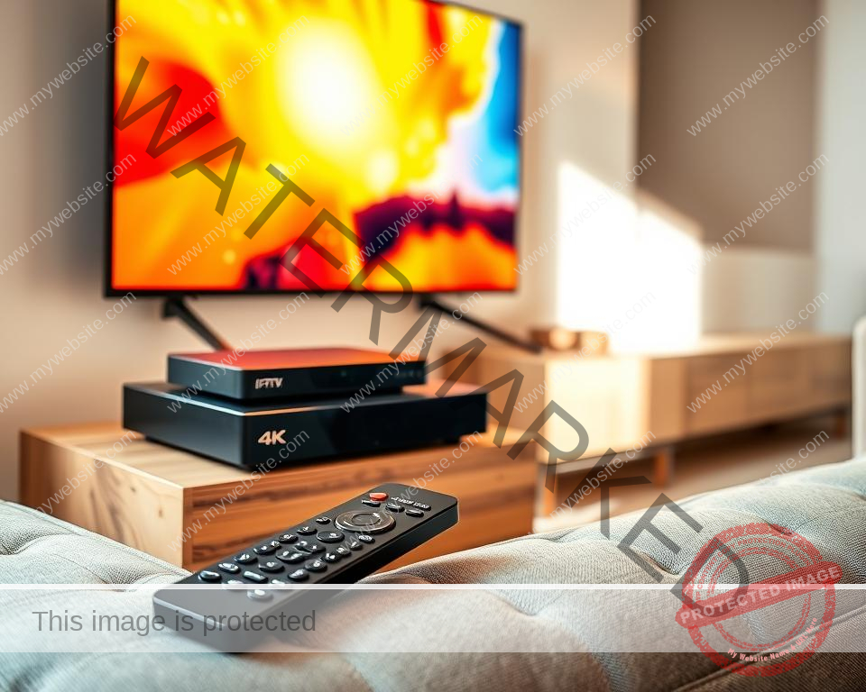 A modern, high-quality IPTV setup, featuring a sleek, black set-top box resting on a minimalist wooden entertainment unit. The box is connected to a large, vibrant 4K television, displaying a vivid, high-definition image. The living room is bathed in warm, natural lighting from a large window, creating a cozy, inviting atmosphere. In the foreground, a sophisticated remote control lies on a plush, grey sofa, ready for easy navigation of the IPTV interface. The overall scene conveys a sense of technological sophistication, seamless integration, and a premium home entertainment experience. A modern, high-quality IPTV setup, featuring a sleek, black set-top box resting on a minimalist wooden entertainment unit. The box is connected to a large, vibrant 4K television, displaying a vivid, high-definition image. The living room is bathed in warm, natural lighting from a large window, creating a cozy, inviting atmosphere. In the foreground, a sophisticated remote control lies on a plush, grey sofa, ready for easy navigation of the IPTV interface. The overall scene conveys a sense of technological sophistication, seamless integration, and a premium home entertainment experience.