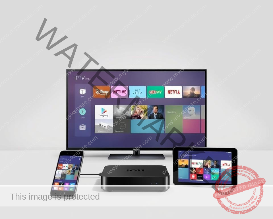 A modern, minimalist illustration showcasing various electronic devices seamlessly connected to an IPTV platform. In the foreground, a sleek smart TV, smartphone, and tablet are arranged, their screens displaying vibrant streaming interfaces. The middle ground features a compact IPTV set-top box, its simple yet elegant design complementing the devices. The background subtly depicts a clean, technologically-advanced setting, with muted greys and blues creating a sense of sophistication. Soft, directional lighting accentuates the devices, highlighting their compatibility and the seamless integration of the IPTV service across multiple screens. A modern, minimalist illustration showcasing various electronic devices seamlessly connected to an IPTV platform. In the foreground, a sleek smart TV, smartphone, and tablet are arranged, their screens displaying vibrant streaming interfaces. The middle ground features a compact IPTV set-top box, its simple yet elegant design complementing the devices. The background subtly depicts a clean, technologically-advanced setting, with muted greys and blues creating a sense of sophistication. Soft, directional lighting accentuates the devices, highlighting their compatibility and the seamless integration of the IPTV service across multiple screens.