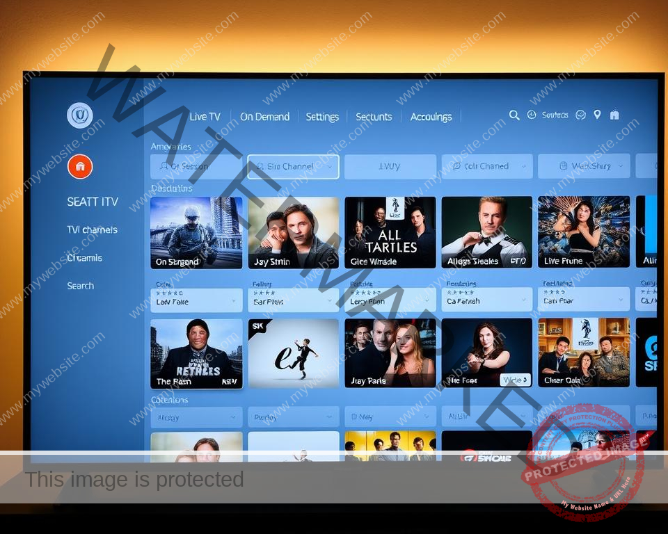 A modern, sleek IPTV service interface with a clean, minimalist design. The main screen displays a grid of popular live TV channels, with clear channel names and high-quality thumbnails. The interface features a left-side menu for easy navigation through categories like "Live TV", "On Demand", and "Recordings". The top bar has intuitive controls for search, settings, and account management. Subtle yet elegant animations and transitions create a responsive, seamless user experience. Warm, natural lighting illuminates the display, conveying a sense of comfort and reliability. The overall aesthetic is refined, trustworthy, and optimized for easy content discovery and playback. A modern, sleek IPTV service interface with a clean, minimalist design. The main screen displays a grid of popular live TV channels, with clear channel names and high-quality thumbnails. The interface features a left-side menu for easy navigation through categories like "Live TV", "On Demand", and "Recordings". The top bar has intuitive controls for search, settings, and account management. Subtle yet elegant animations and transitions create a responsive, seamless user experience. Warm, natural lighting illuminates the display, conveying a sense of comfort and reliability. The overall aesthetic is refined, trustworthy, and optimized for easy content discovery and playback.