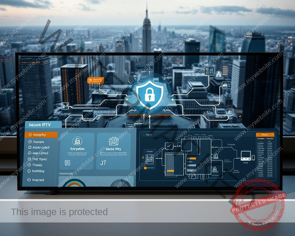 A secure IPTV service is represented by a sleek, modern dashboard interface showcasing various security features. The foreground displays an intuitive control panel with options for encryption, access control, and threat monitoring. The middle ground depicts a secure network infrastructure, with servers, firewalls, and encrypted data flows. The background features a cityscape, symbolizing the widespread connectivity and accessibility of the IPTV service, all protected by a robust security system. The lighting is soft and muted, conveying a sense of reliability and trustworthiness. The overall atmosphere is one of technical sophistication and unwavering data protection. A secure IPTV service is represented by a sleek, modern dashboard interface showcasing various security features. The foreground displays an intuitive control panel with options for encryption, access control, and threat monitoring. The middle ground depicts a secure network infrastructure, with servers, firewalls, and encrypted data flows. The background features a cityscape, symbolizing the widespread connectivity and accessibility of the IPTV service, all protected by a robust security system. The lighting is soft and muted, conveying a sense of reliability and trustworthiness. The overall atmosphere is one of technical sophistication and unwavering data protection.