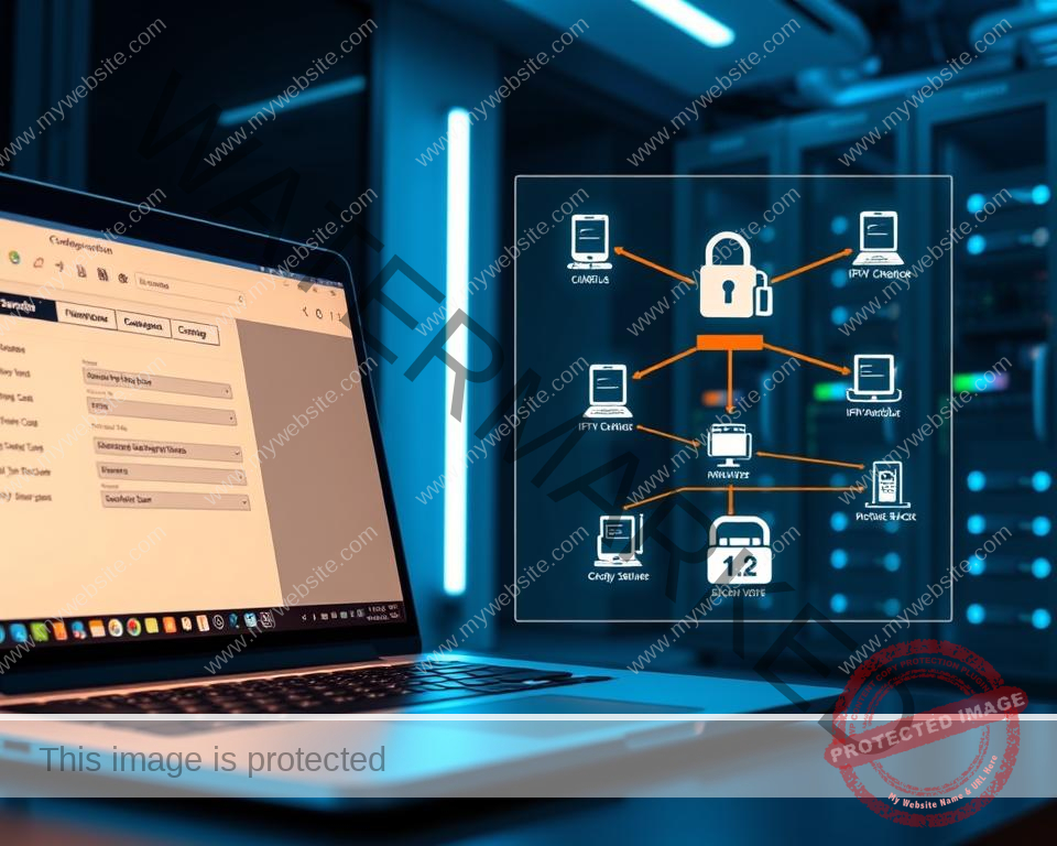 A sleek, modern workspace with a focus on cybersecurity. The foreground features a laptop displaying an IPTV configuration interface, the screen illuminated by a soft, warm glow. In the middle ground, a network diagram showcases the secure architecture of an IPTV system, with color-coded connections and icons representing firewalls, VPNs, and other security measures. The background depicts a dimly lit server room, with racks of networking equipment and a subtle blue ambient lighting creating a professional, technological atmosphere. The overall scene conveys a sense of control, diligence, and the importance of safeguarding an IPTV service. A sleek, modern workspace with a focus on cybersecurity. The foreground features a laptop displaying an IPTV configuration interface, the screen illuminated by a soft, warm glow. In the middle ground, a network diagram showcases the secure architecture of an IPTV system, with color-coded connections and icons representing firewalls, VPNs, and other security measures. The background depicts a dimly lit server room, with racks of networking equipment and a subtle blue ambient lighting creating a professional, technological atmosphere. The overall scene conveys a sense of control, diligence, and the importance of safeguarding an IPTV service.
