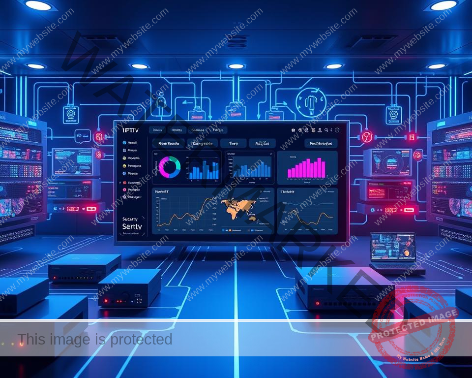 An expansive IPTV security solution overview rendered in a sleek, modern style. A central dashboard interface with intuitive controls, graphs, and visualizations highlighting key security metrics and monitoring features. Surrounding it, modular security components like firewalls, encryption modules, and access management tools, all interconnected and pulsing with activity. The scene is bathed in a cool, blue-tinted lighting that conveys a sense of professionalism and technological sophistication. The overall composition emphasizes the comprehensive, cohesive nature of the security solution, ready to safeguard any IPTV service. An expansive IPTV security solution overview rendered in a sleek, modern style. A central dashboard interface with intuitive controls, graphs, and visualizations highlighting key security metrics and monitoring features. Surrounding it, modular security components like firewalls, encryption modules, and access management tools, all interconnected and pulsing with activity. The scene is bathed in a cool, blue-tinted lighting that conveys a sense of professionalism and technological sophistication. The overall composition emphasizes the comprehensive, cohesive nature of the security solution, ready to safeguard any IPTV service.