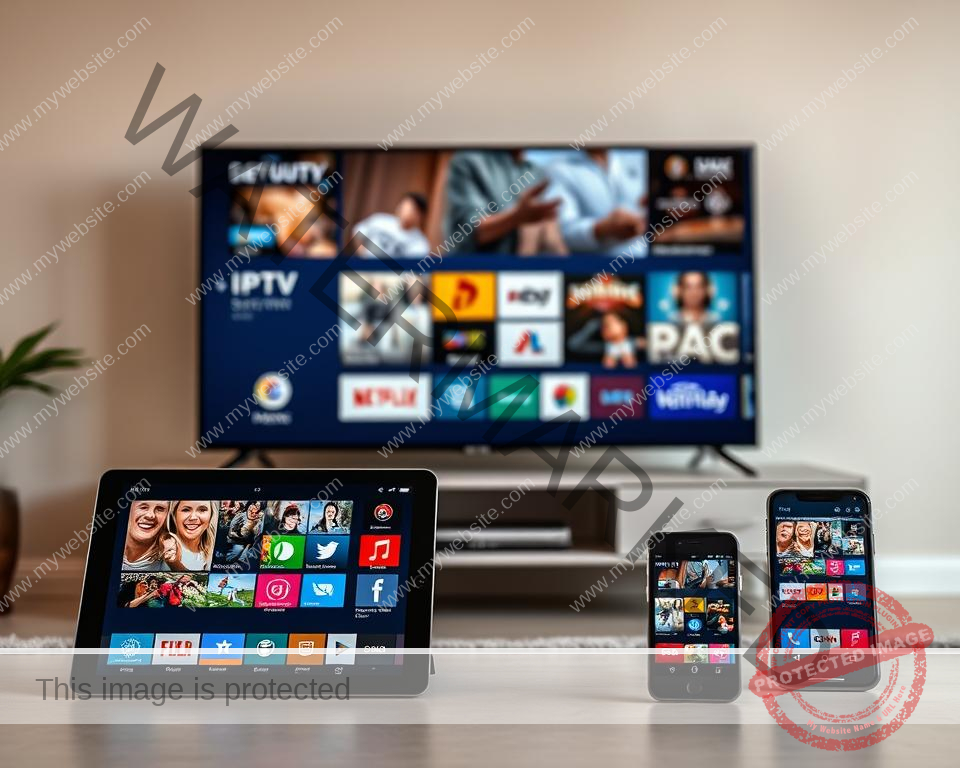 Prompt A sleek, modern multi-device setup displaying various IPTV services on different screens, showcasing seamless compatibility and cross-platform integration. In the foreground, a smart TV, tablet, and smartphone are neatly arranged, each displaying vibrant, high-quality IPTV content. The middle ground features a minimalist entertainment center with clean lines and a subtle industrial aesthetic. The background softly fades into a warm, neutral-toned living room, conveying a sense of comfort and ease of use. Subtle lighting accents the devices, highlighting their versatility and the overall cohesive, user-friendly experience. Prompt A sleek, modern multi-device setup displaying various IPTV services on different screens, showcasing seamless compatibility and cross-platform integration. In the foreground, a smart TV, tablet, and smartphone are neatly arranged, each displaying vibrant, high-quality IPTV content. The middle ground features a minimalist entertainment center with clean lines and a subtle industrial aesthetic. The background softly fades into a warm, neutral-toned living room, conveying a sense of comfort and ease of use. Subtle lighting accents the devices, highlighting their versatility and the overall cohesive, user-friendly experience.